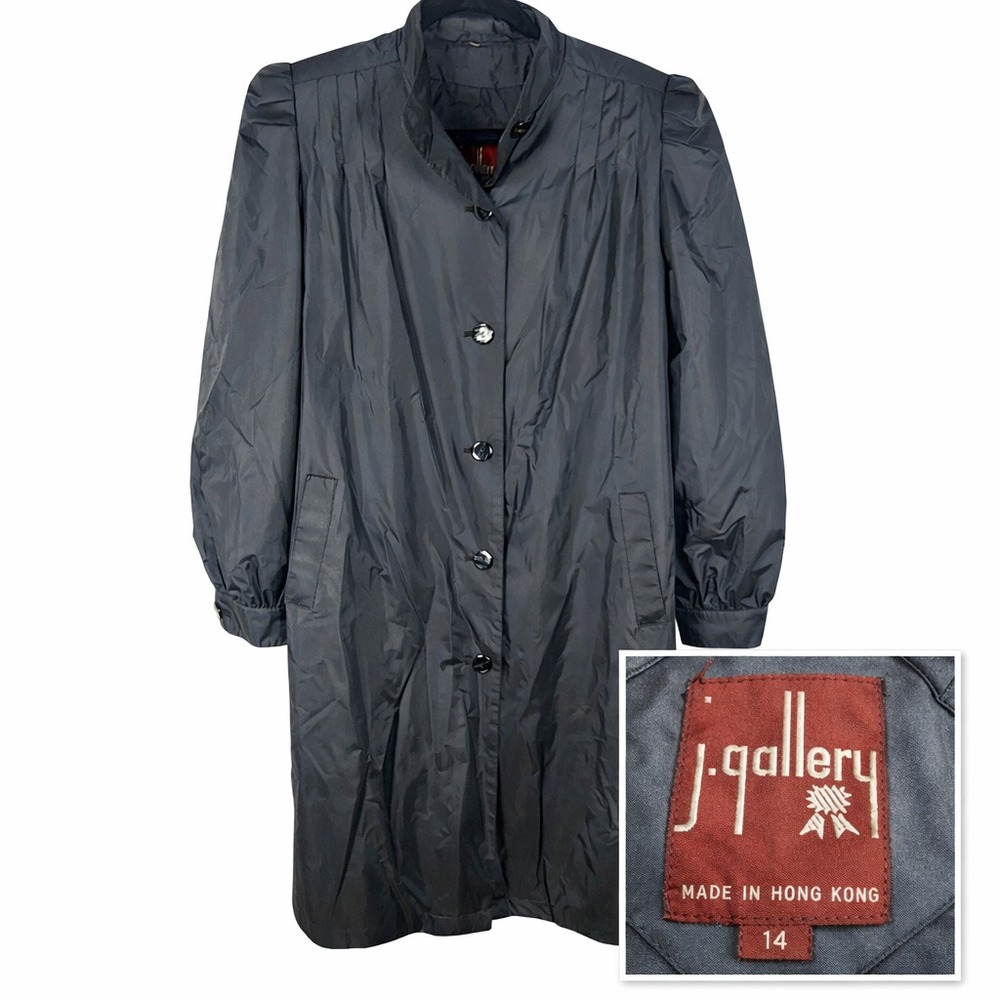 Vintage 80s J‎ Gallery Womens Black Puff Shoulder Rain Trench Coat Hong Kong 14
